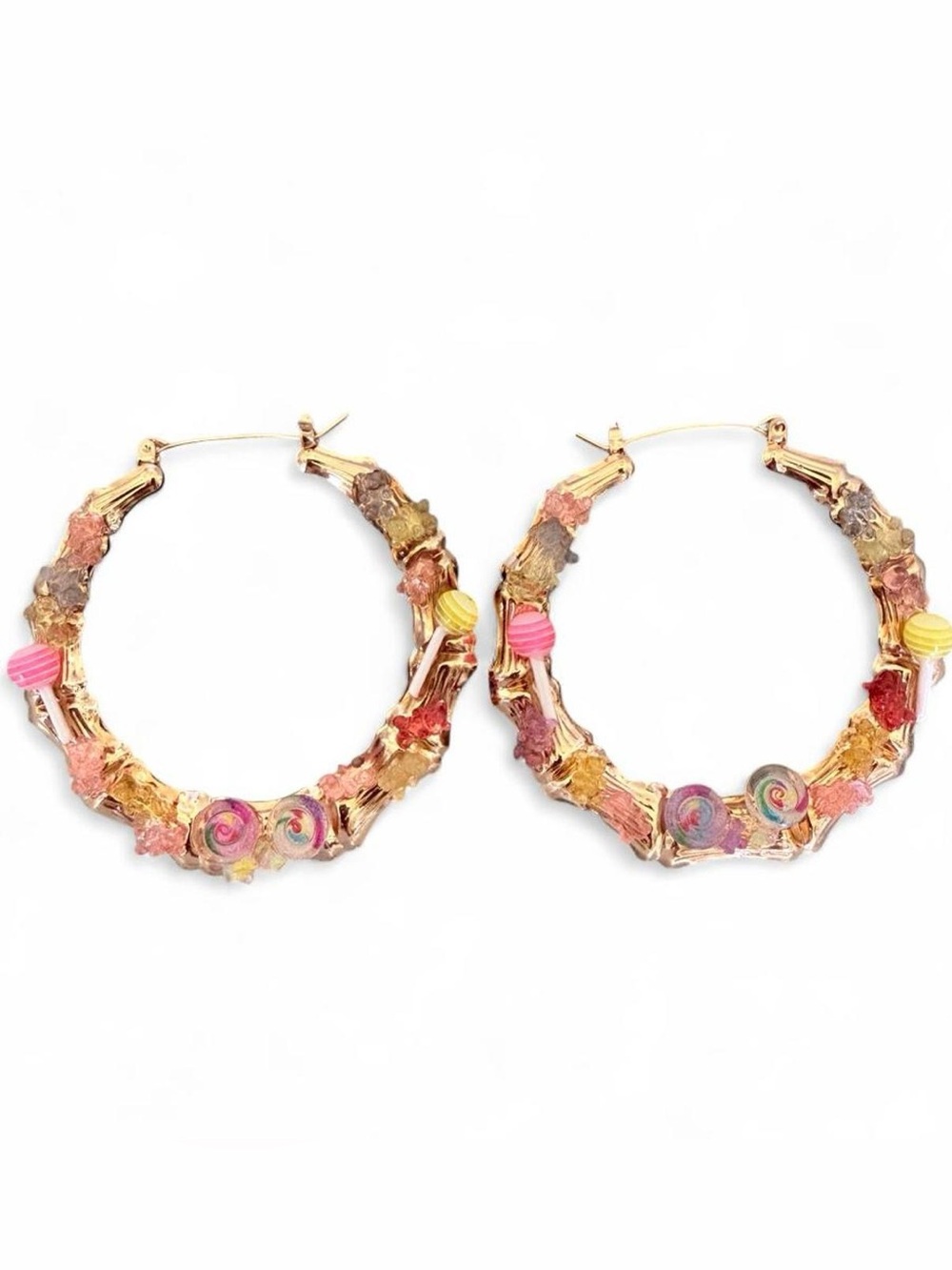 Gold-Tone door knocker candy 🍭 and decorated Multicolor  Hoop Earrings